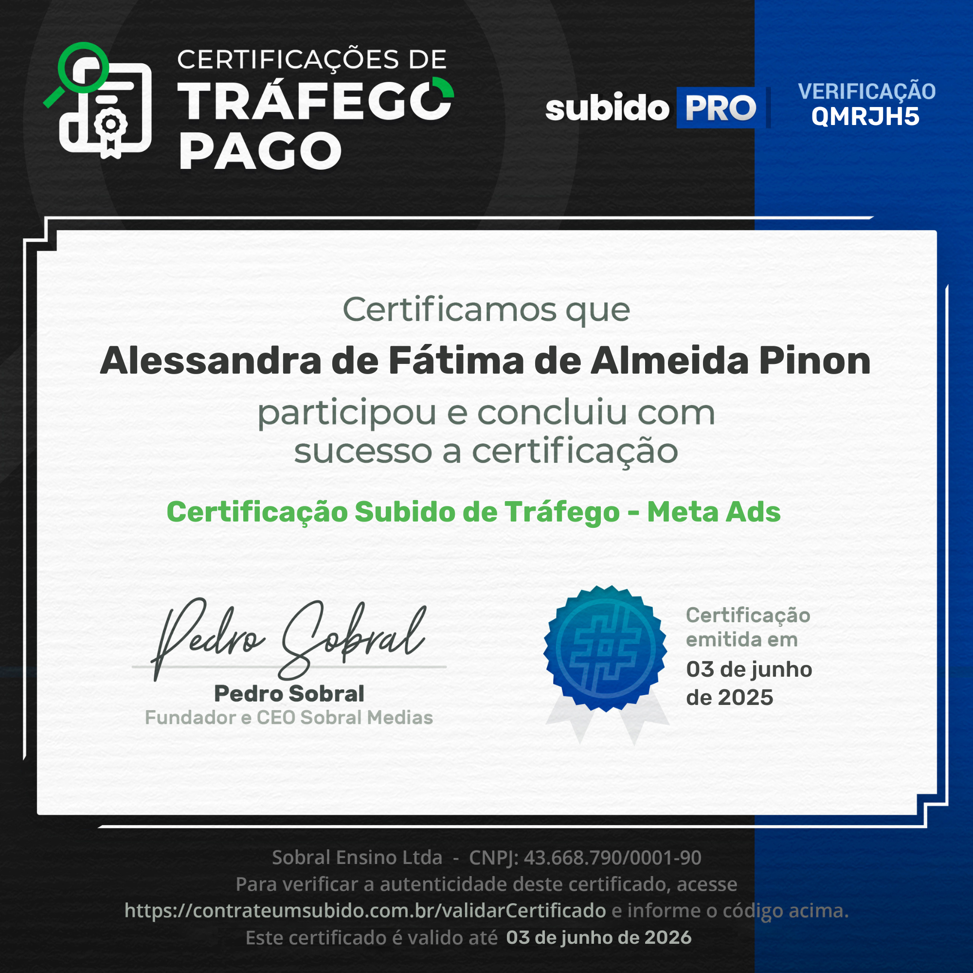 Certificado Alessandra Meta Ads